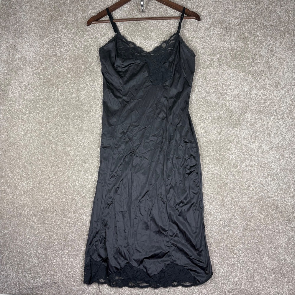Vintage Wonder Maid 34 Black Lace Full Slip Union Made USA Anti Cling V-Neck